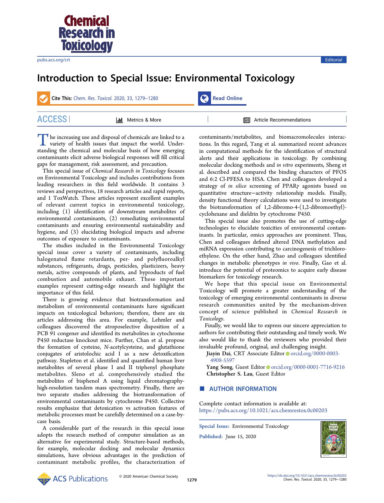 Introduction to Special Issue: Environmental Toxicology by Jiayin Dai Yang Song and Christopher S. Lau