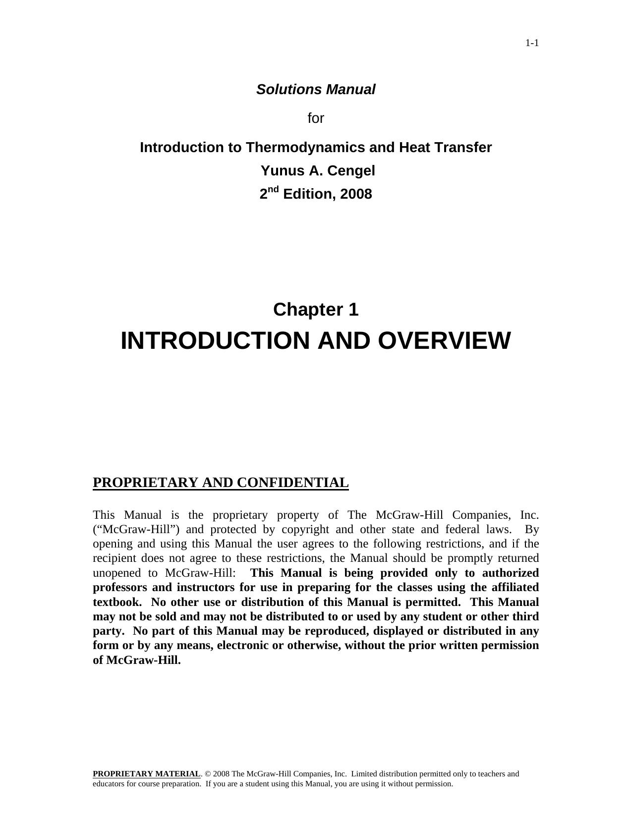 Introduction to Thermodynamics and Heat Transfer: Solutions Manual by Yunus A. Cengel