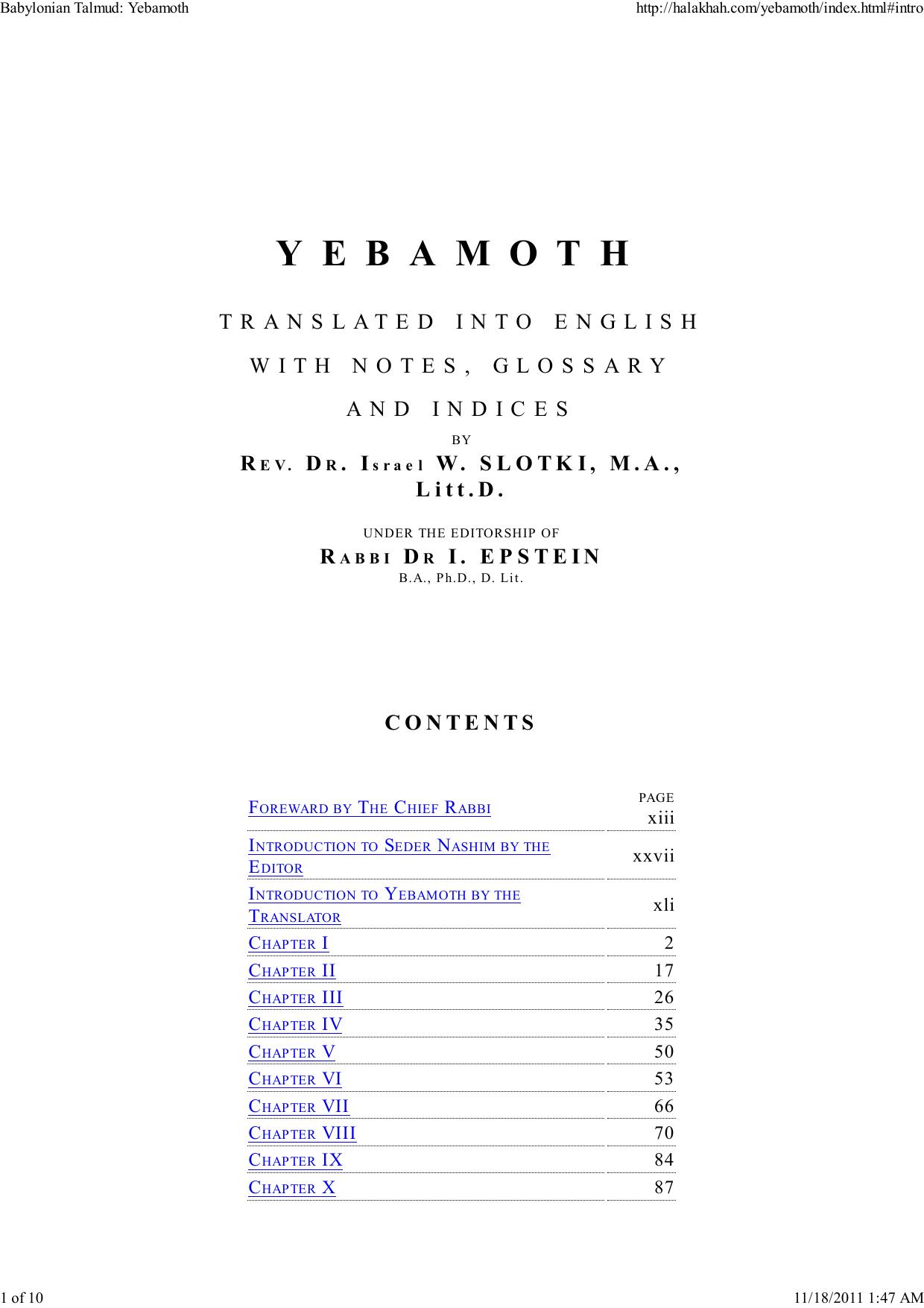 Introduction to Yebamoth - Rev. Dr. Israel W. Slotki by adam