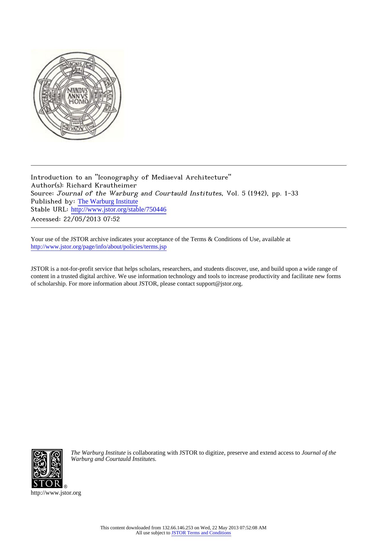 Introduction to an Iconography of Mediaeval Architecture by Krautheimer R