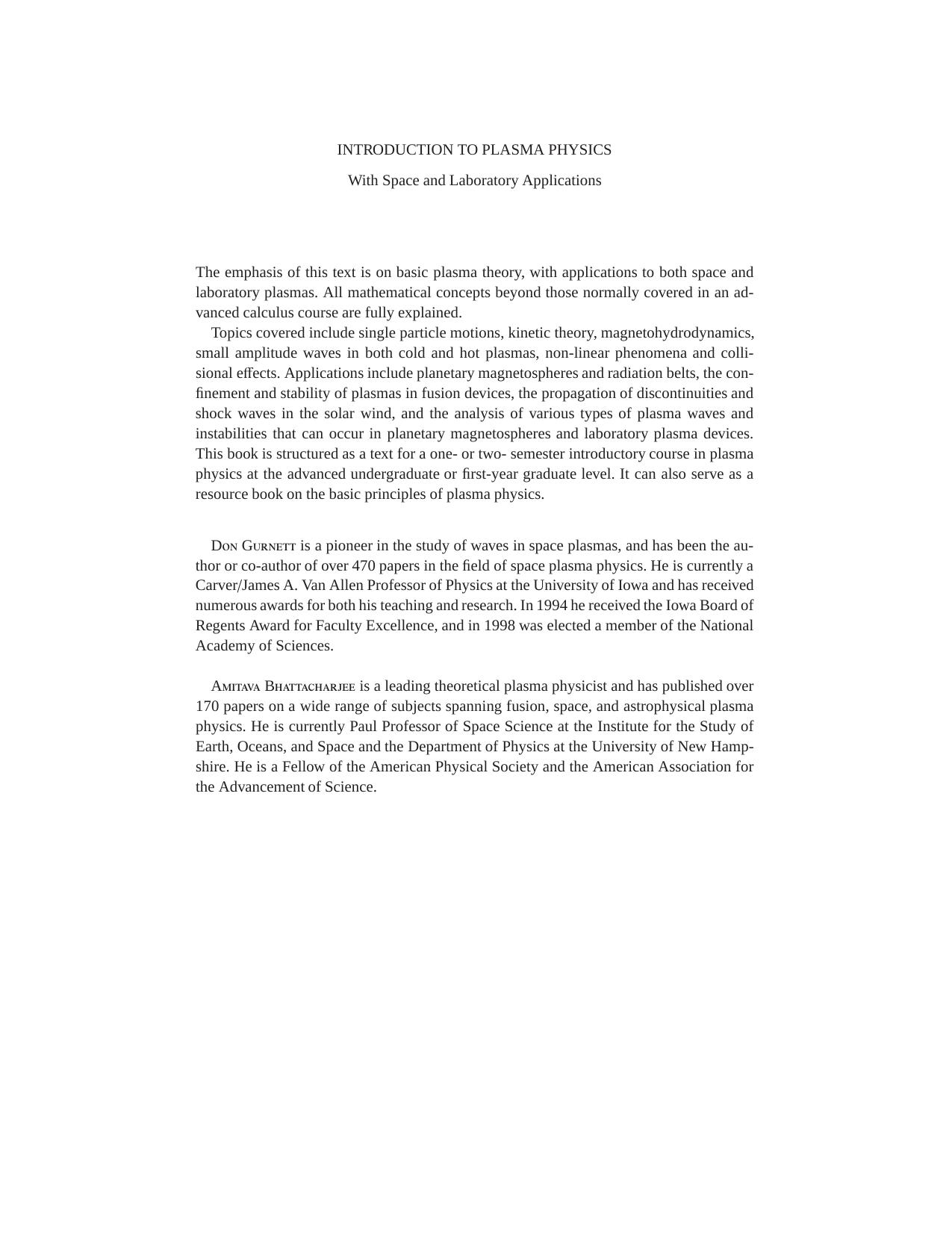 Introduction to plasma physics : with space and laboratory applications by Donald A Gurnett; A Bhattacharjee