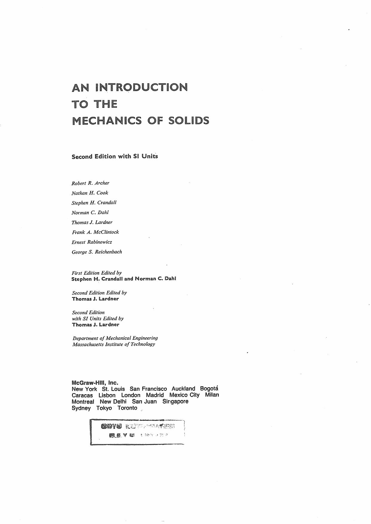 Introduction to the Mechanics of Solids: In S.I.Units by Stephen H. Crandall Norman C. Dahl