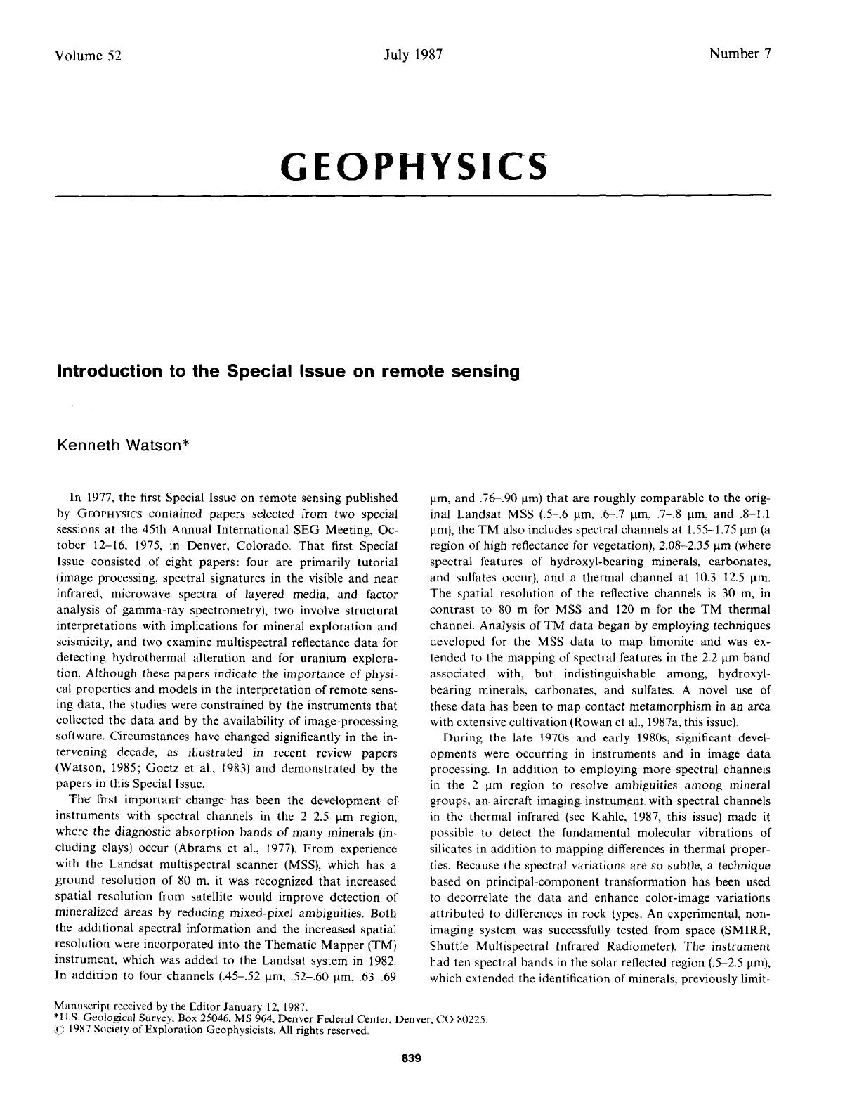 Introduction to the Special Issue on remote sensing by Watson K
