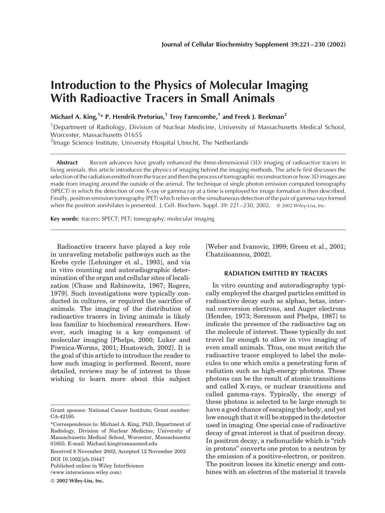 Introduction to the physics of molecular imaging with radioactive tracers in small animals by Unknown
