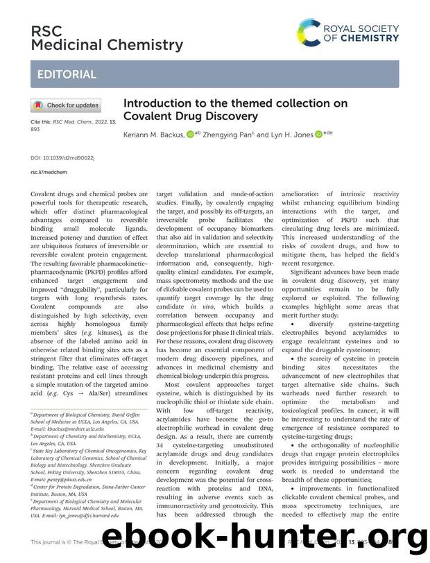 Introduction to the themed collection on Covalent Drug Discovery by Keriann M. Backus & Zhengying Pan & Lyn H. Jones