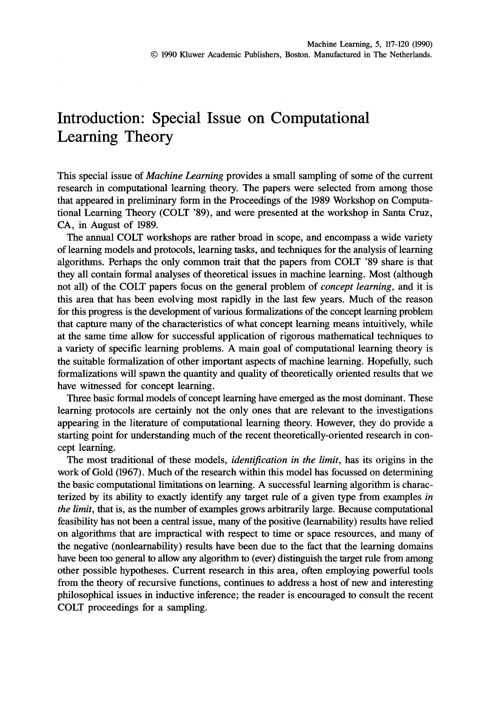 Introduction: Special issue on computational learning theory by Introduction. Special issue on computational learning theory