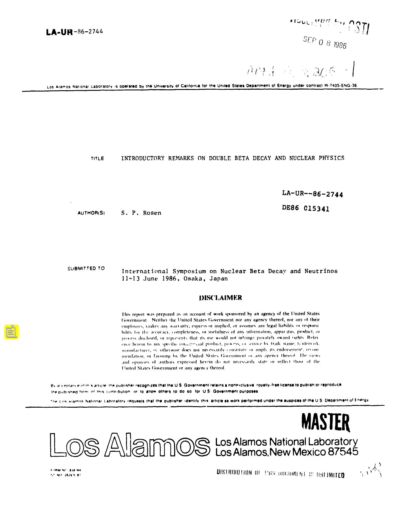 Introductory remarks on double beta decay and nuclear physics None by LANL Research Library LWW Project