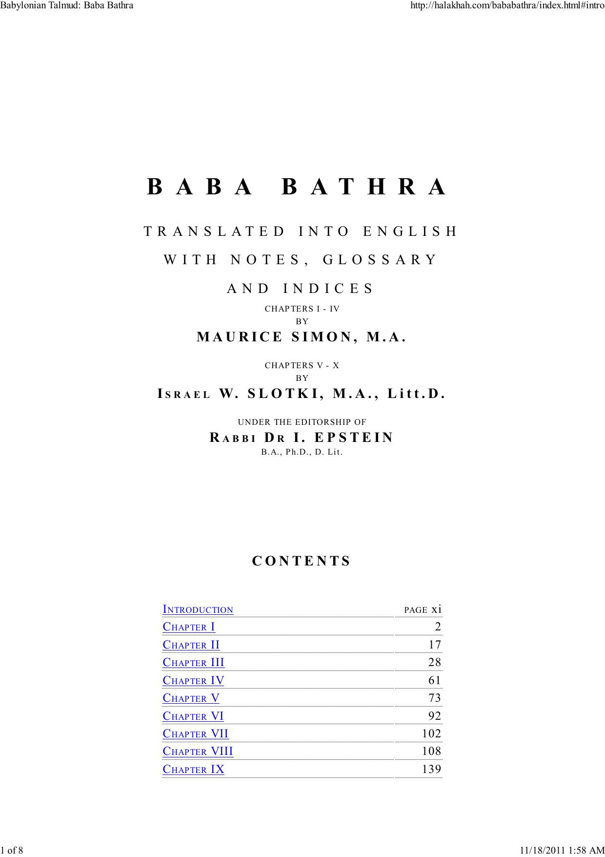 Introductory to Baba Bathra - Rev. Dr. Israel W. Slotki and Maurice Simon by adam