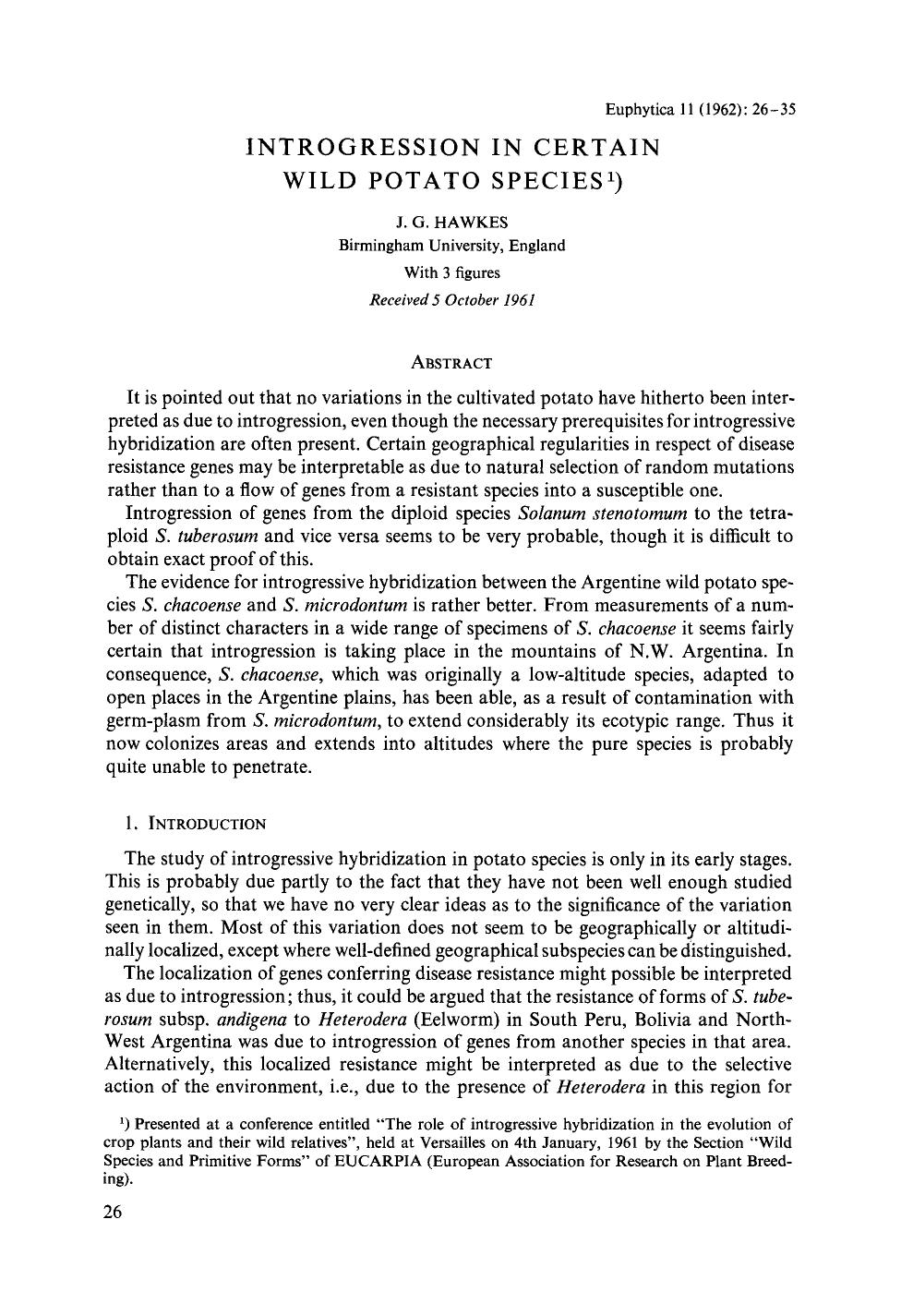 Introgression in certain wild potato species by Unknown