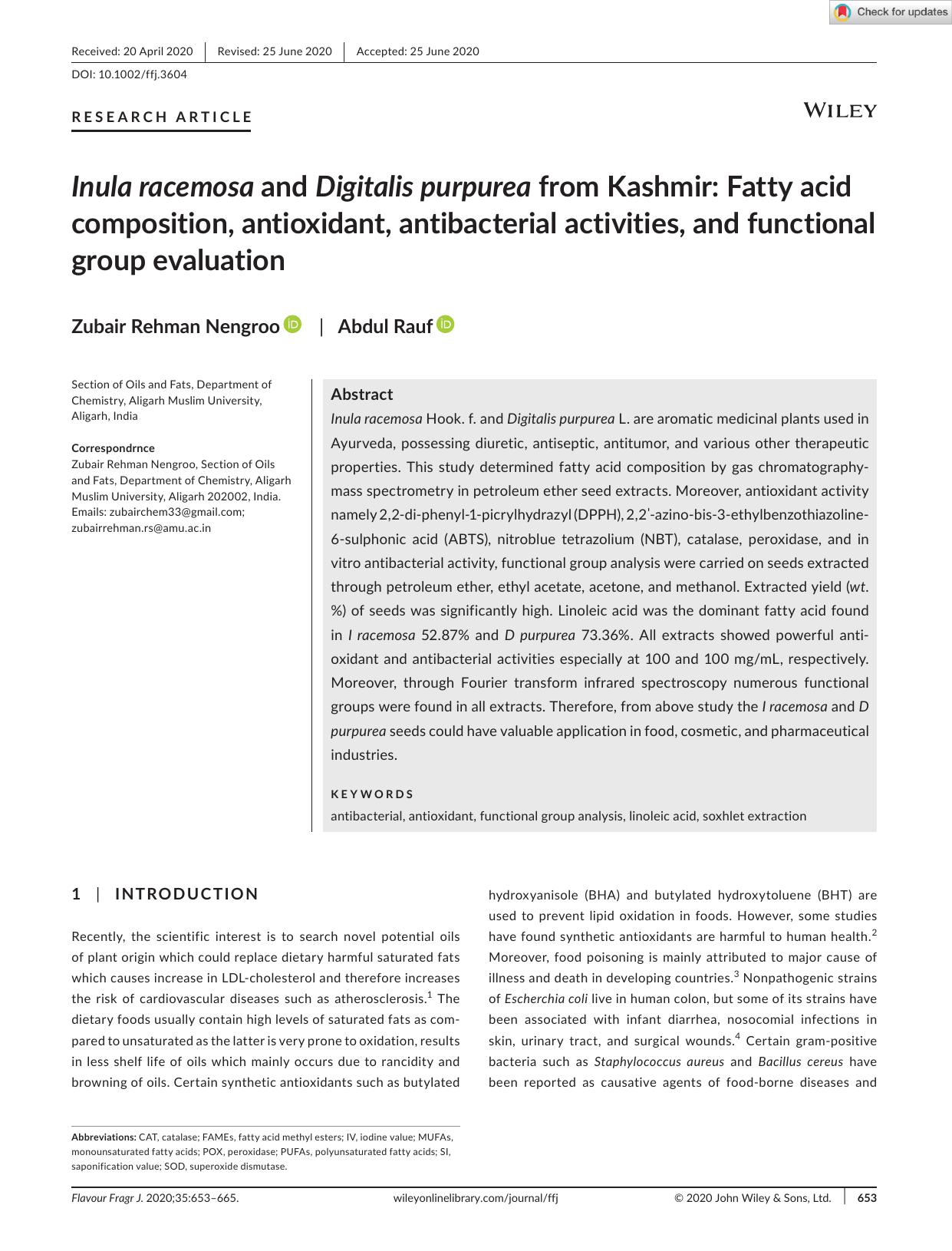 Inula racemosa and Digitalis purpurea from Kashmir: Fatty acid composition, antioxidant, antibacterial activities, and functional group evaluation by Unknown