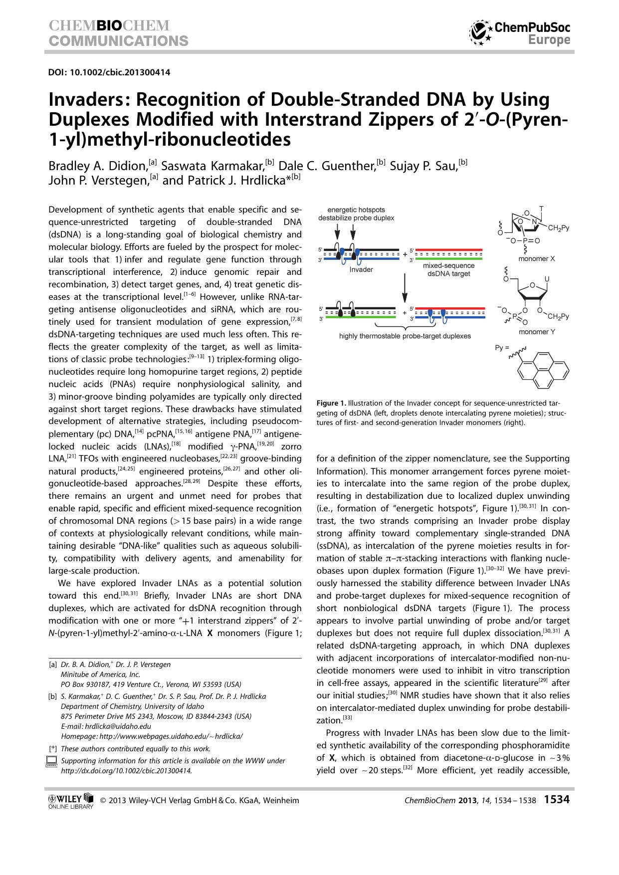 Invaders: Recognition of DoubleStranded DNA by Using Duplexes Modified with Interstrand Zippers of 2O(Pyren1yl)methylribonucleotides by Unknown