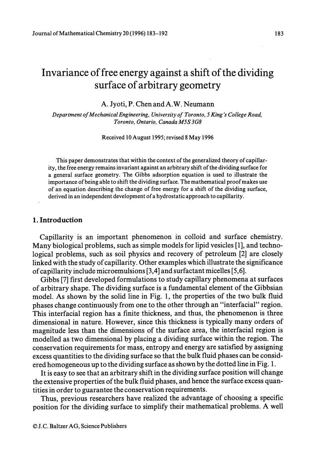Invariance of free energy against a shift of the dividing surface of arbitrary geometry by Unknown