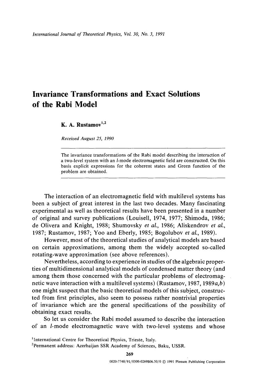 Invariance transformations and exact solutions of the Rabi model by Unknown