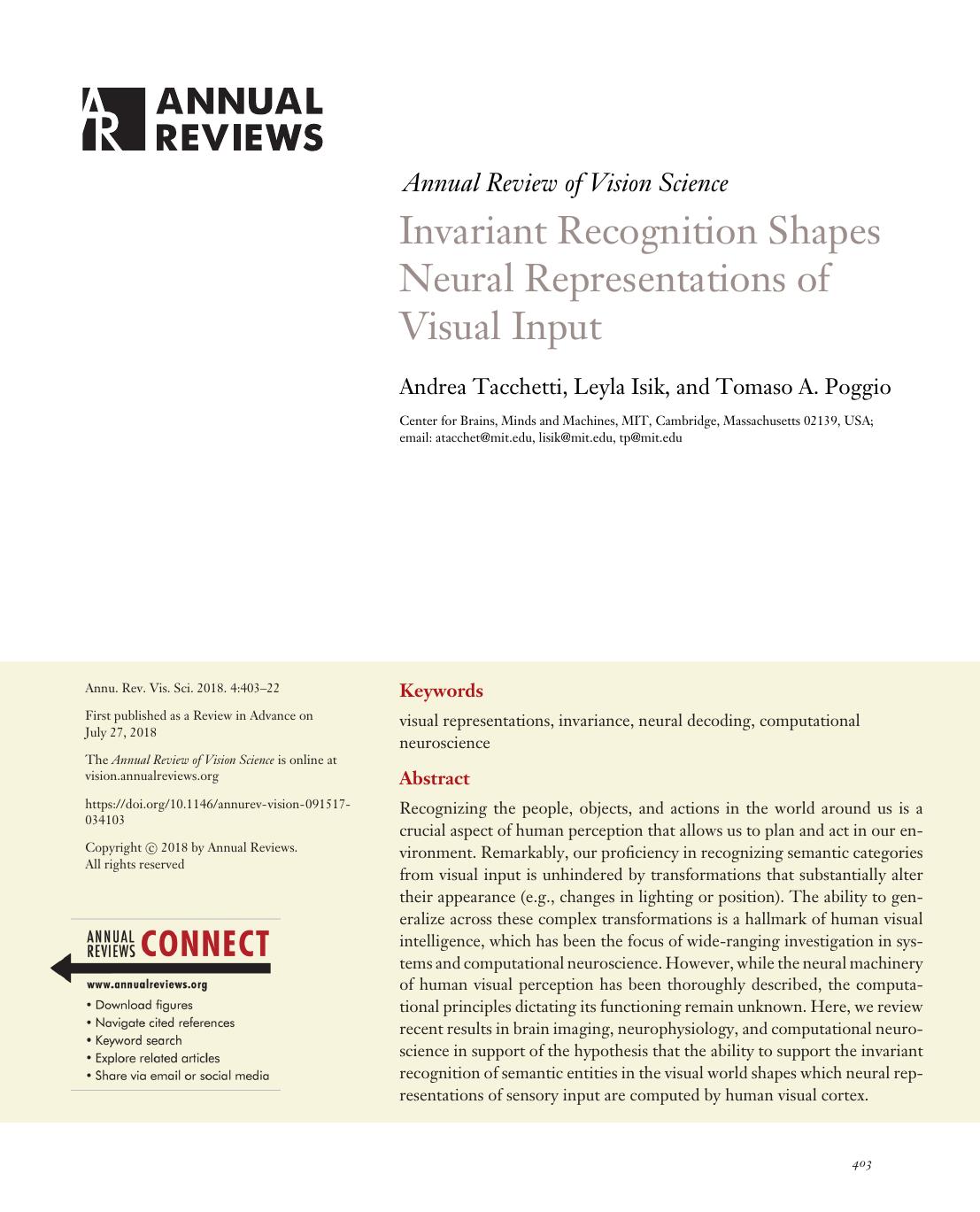 Invariant Recognition Shapes Neural Representations of Visual Input by Andrea Tacchetti Leyla Isik and Tomaso A. Poggio
