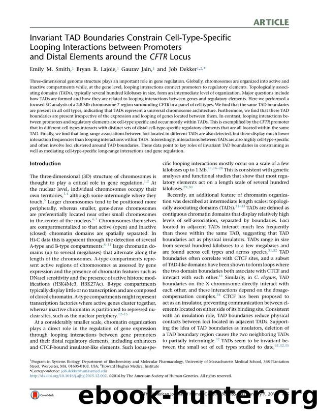 Invariant TAD Boundaries Constrain Cell-Type-Specific Looping Interactions between Promoters and Distal Elements around the CFTR Locus by Emily M. Smith & Bryan R. Lajoie & Gaurav Jain & Job Dekker