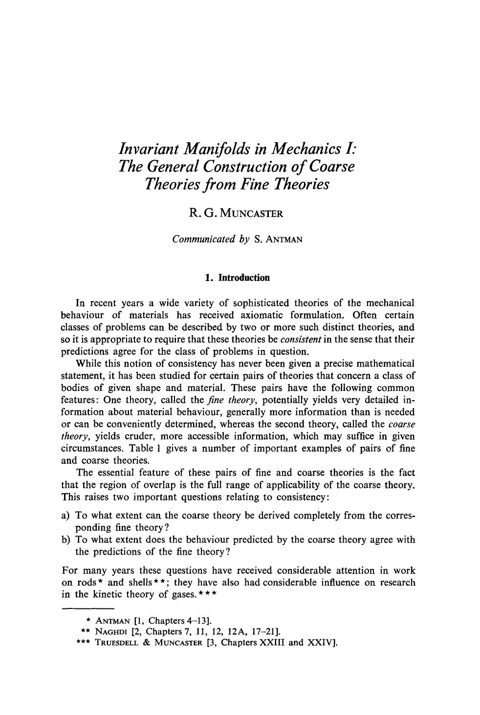 Invariant manifolds in mechanics I: The general construction of coarse theories from fine theories by Unknown