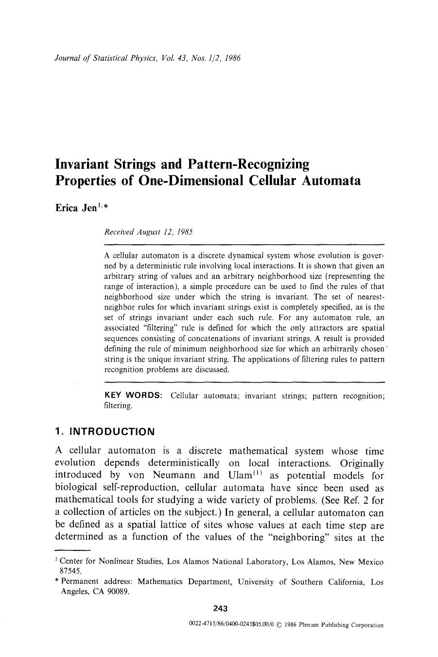 Invariant strings and pattern-recognizing properties of one-dimensional cellular automata by Unknown