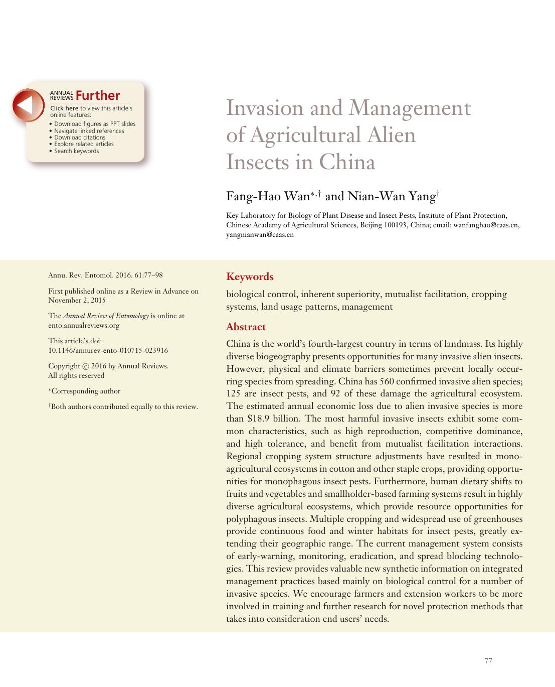 Invasion and Management of Agricultural Alien Insects in China by Fang-Hao Wan and Nian-Wan Yang