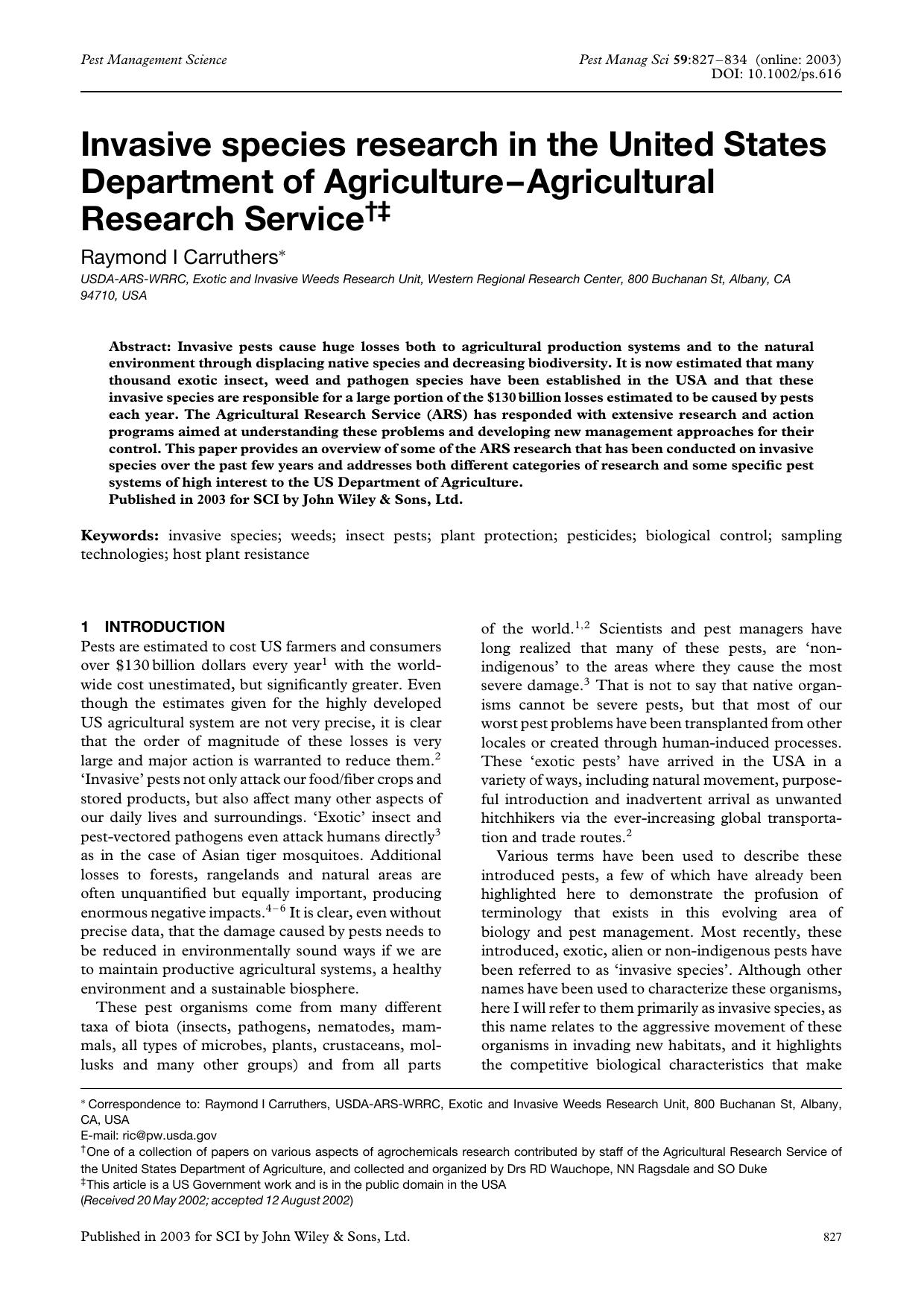 Invasive species research in the United States Department of Agriculture-Agricultural Research Service by Unknown