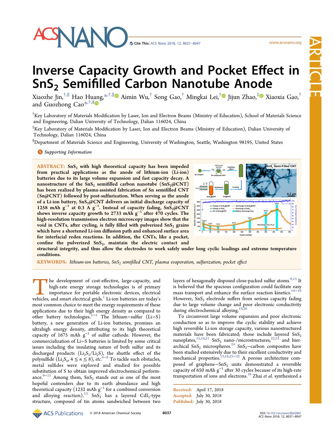 Inverse Capacity Growth and Pocket Effect in SnS2 Semifilled Carbon Nanotube Anode by Xiaozhe Jin Hao Huang Aimin Wu Song Gao Mingkai Lei Jijun Zhao Xiaoxia Gao and Guozhong Cao