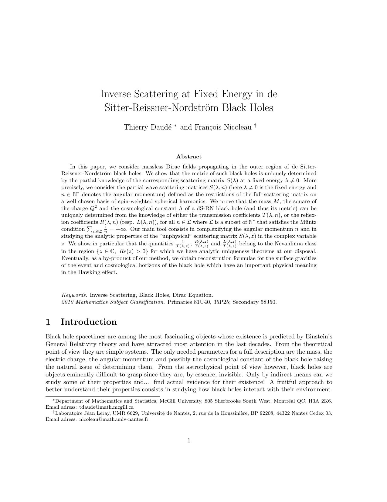 Inverse Scattering at Fixed Energy in de Sitter-Reissner-NordstroÌm Black Holes by Daude T.; Nicoleau F