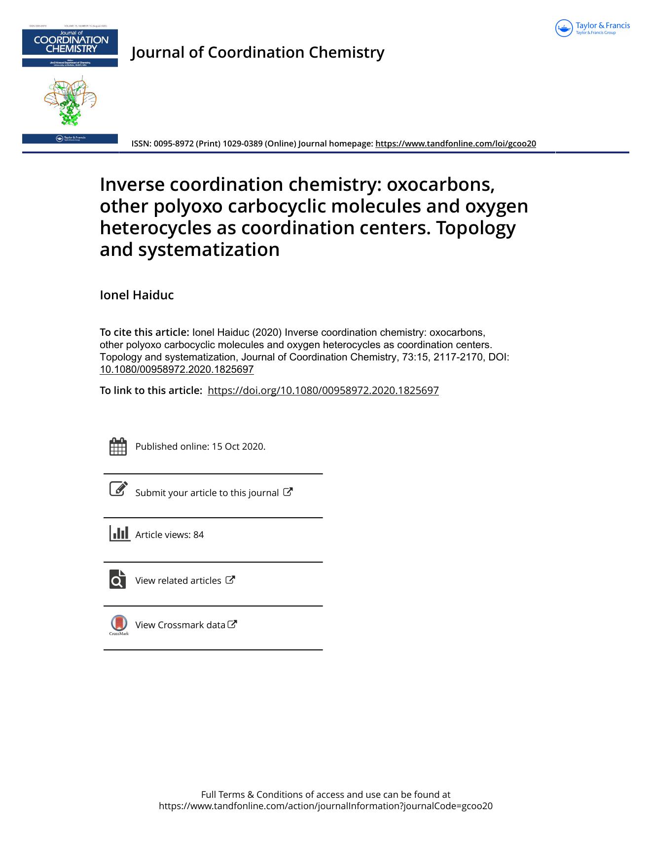 Inverse coordination chemistry: oxocarbons, other polyoxo carbocyclic molecules and oxygen heterocycles as coordination centers. Topology and systematization by Haiduc Ionel