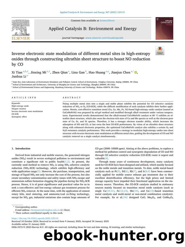 Inverse electronic state modulation of different metal sites in high-entropy oxides through constructing ultrathin sheet structure to boost NO reduction by CO by Xi Tian & Jinxing Mi & Zhen Qian & Lina Gan & Hao Huang & Jianjun Chen & Junhua Li