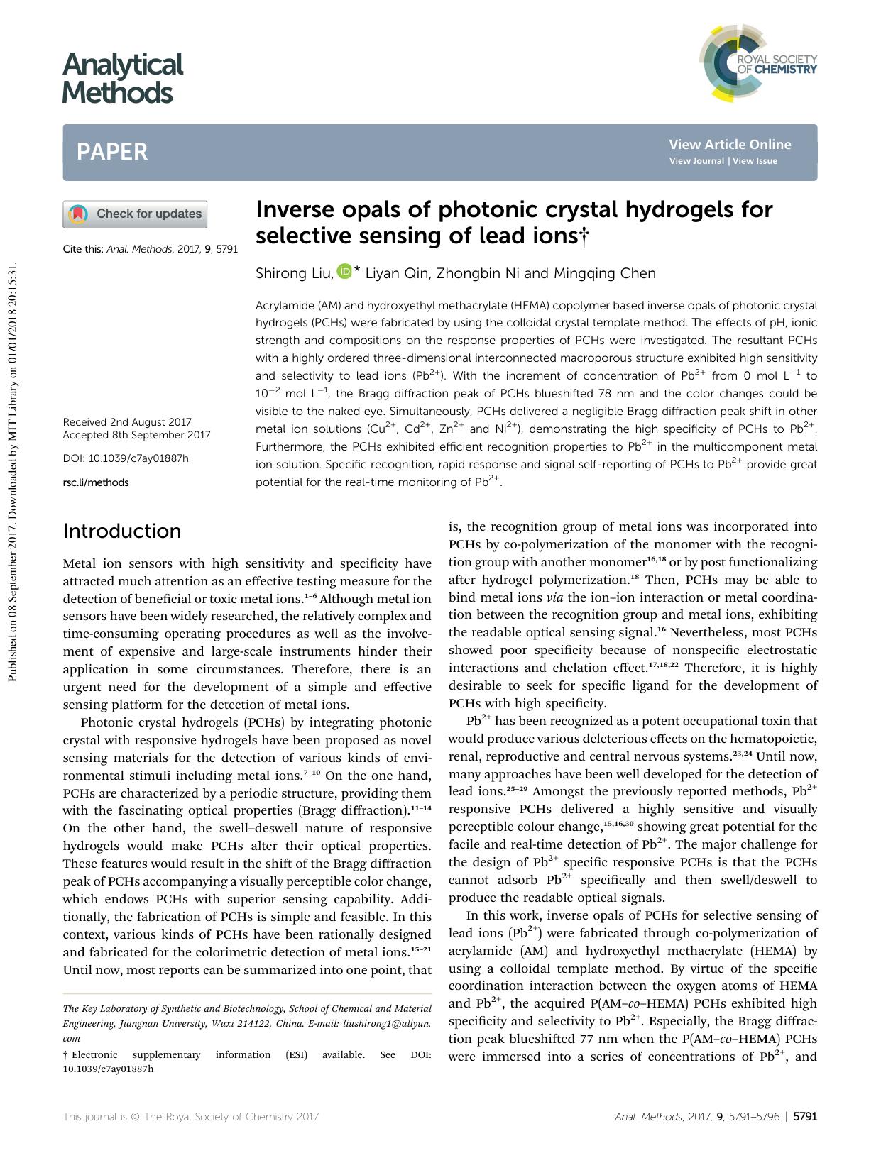 Inverse opals of photonic crystal hydrogels for selective sensing of lead ions by Shirong Liu & Liyan Qin & Zhongbin Ni & Mingqing Chen