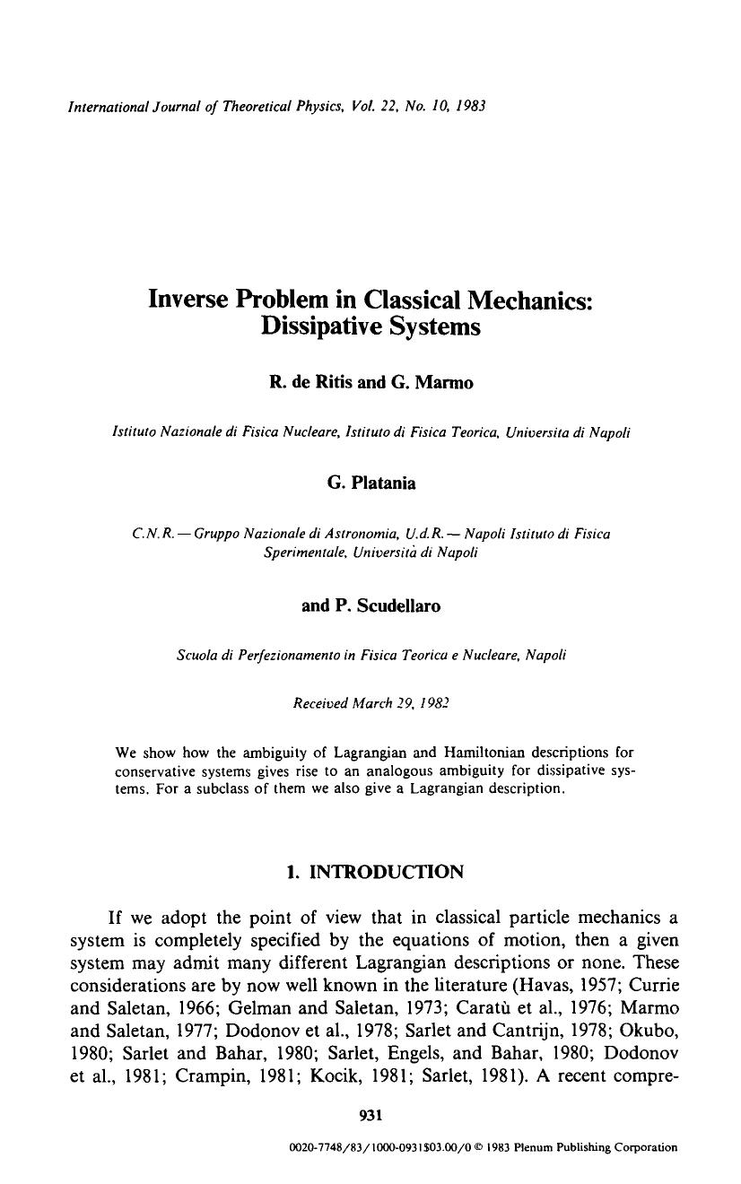 Inverse problem in classical mechanics: Dissipative systems by Unknown