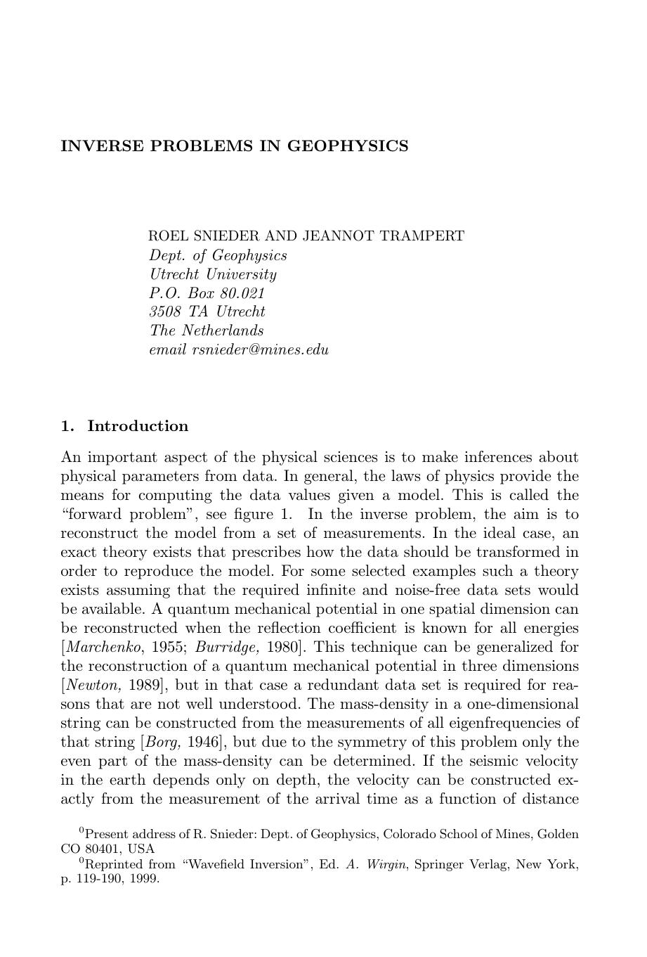 Inverse problems in geophysics, in: Wavefield inversion, Wirgin A. by Armand Wirgin; International Centre for Mechanical Sciences (ed.)