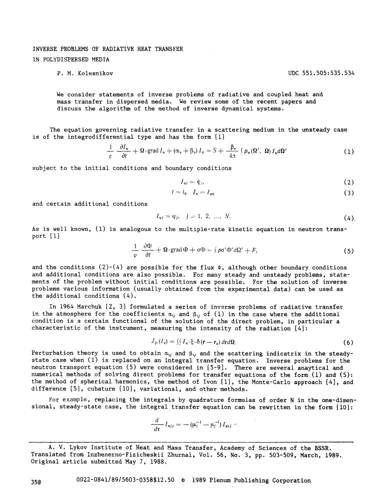 Inverse problems of radiative heat transfer in polydispersed media by Unknown