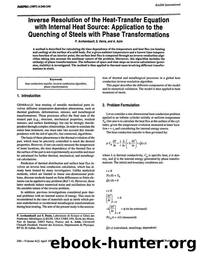 Inverse resolution of the heat-transfer equation with internal heat source: Application to the quenching of steels with phase transformations by Unknown