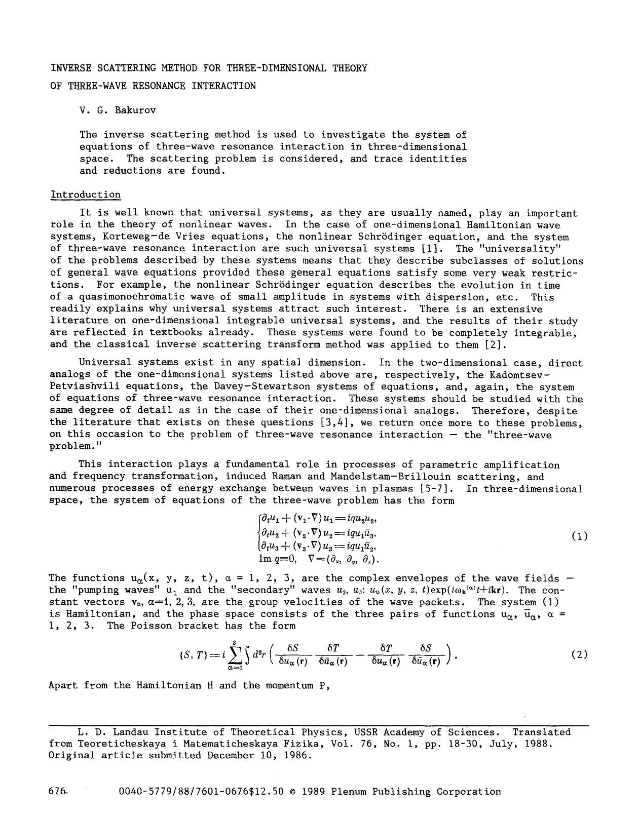 Inverse scattering method for three-dimensional theory of three-wave resonance interaction by Unknown