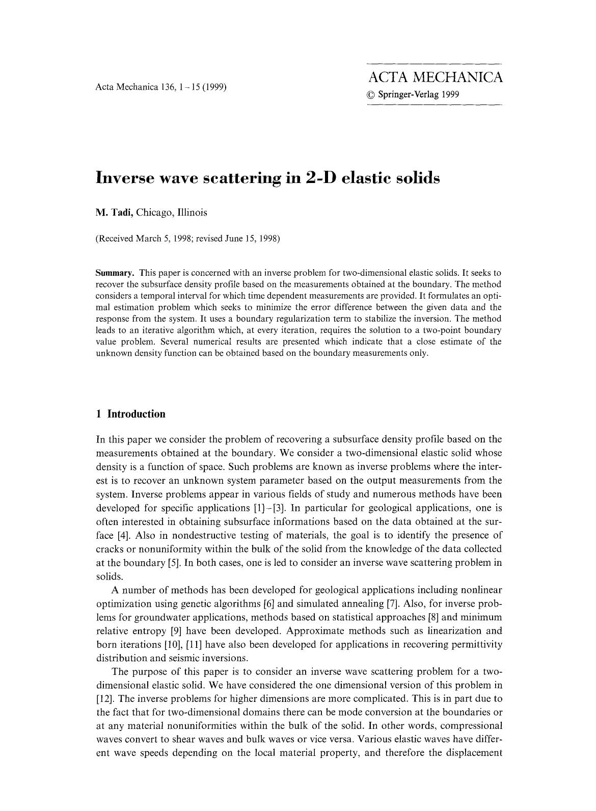 Inverse wave scattering in 2-D elastic solids by Unknown