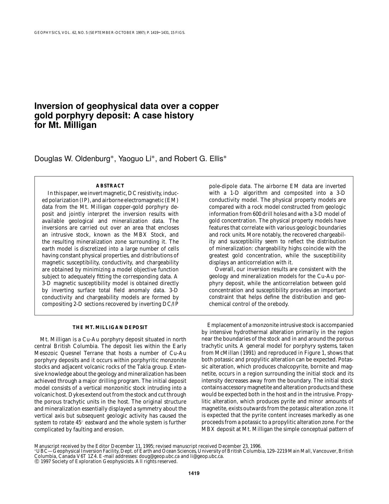 Inversion of geophysical data over a copper gold porphyry deposit: A case history for Mt. Milligan by D. W. Oldenburg Y. Li R. G. Ellis