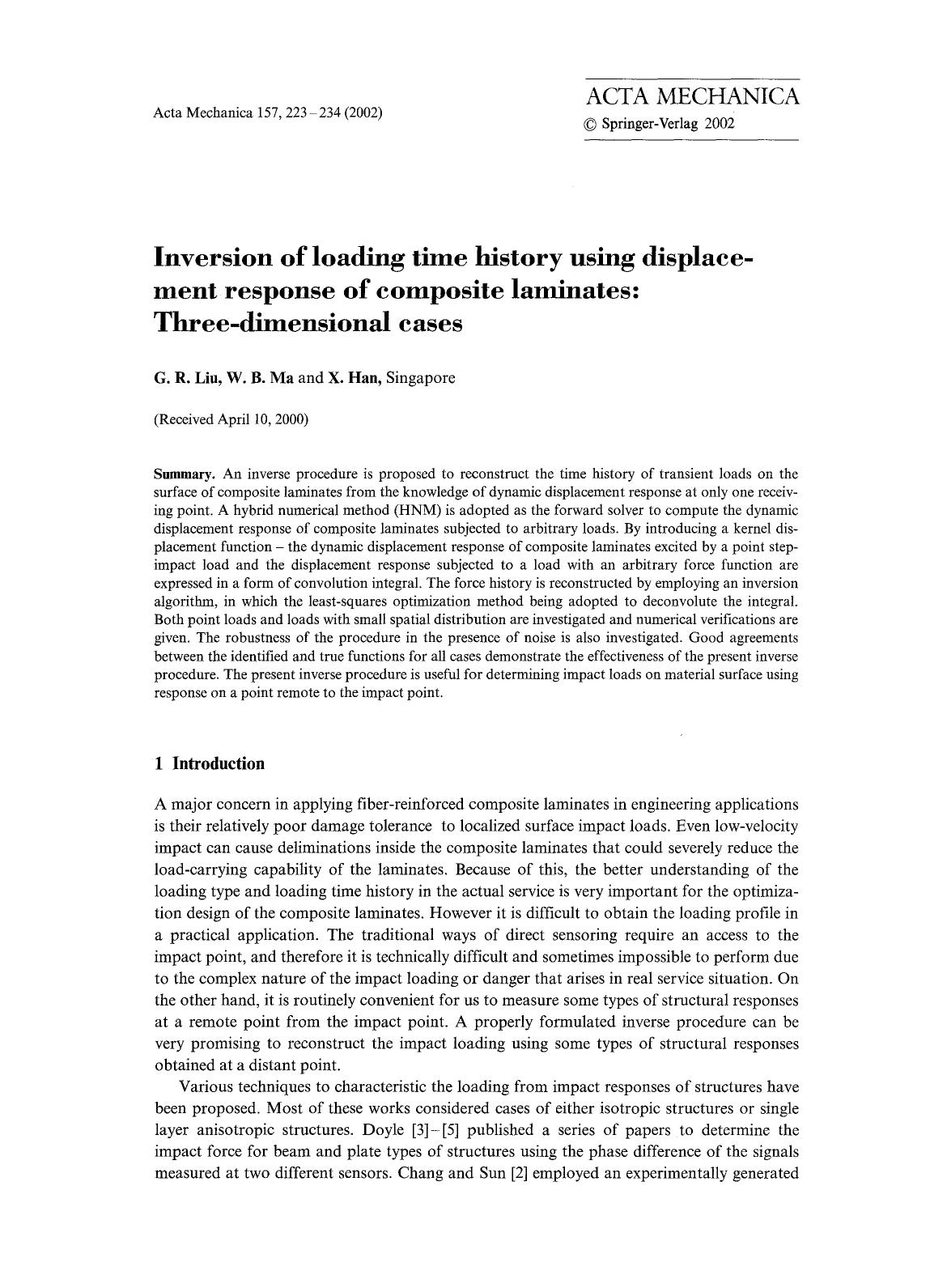 Inversion of loading time history using displacement response of composite laminates: Three-dimensional cases by Unknown