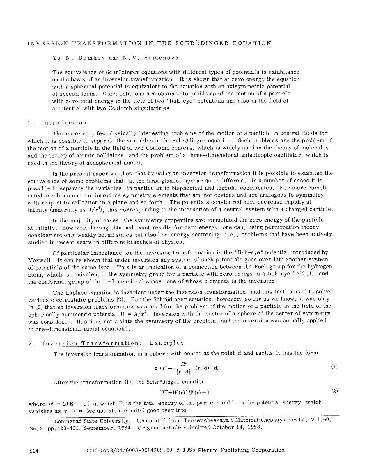 Inversion transformation in the Schr&#x00F6;dinger equation by Unknown