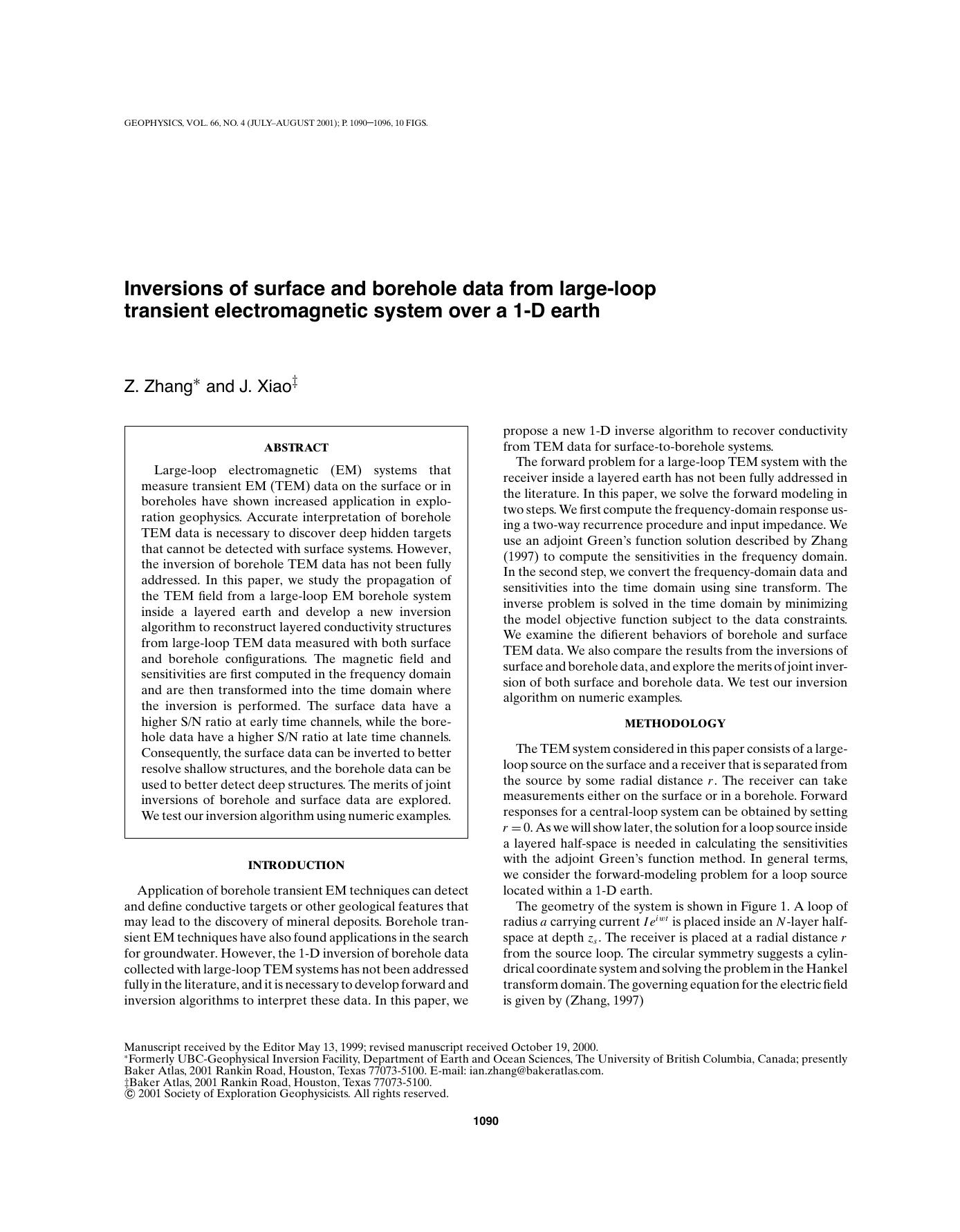 Inversions of surface and borehole data from large-loop transient electromagnet by Z. Zhang J. Xiao