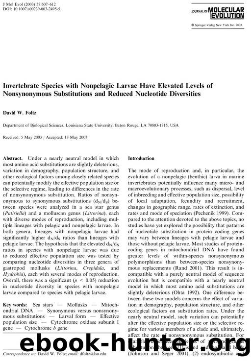 Invertebrate Species with Nonpelagic Larvae Have Elevated Level of Nonsynonymous Substitutions and Reduced Nucleotide Diversities by Foltz D.W. et al