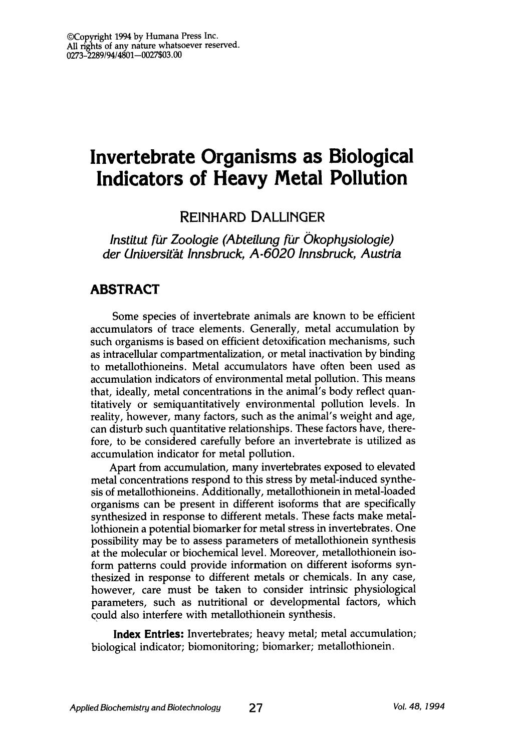 Invertebrate organisms as biological indicators of heavy metal pollution by Unknown
