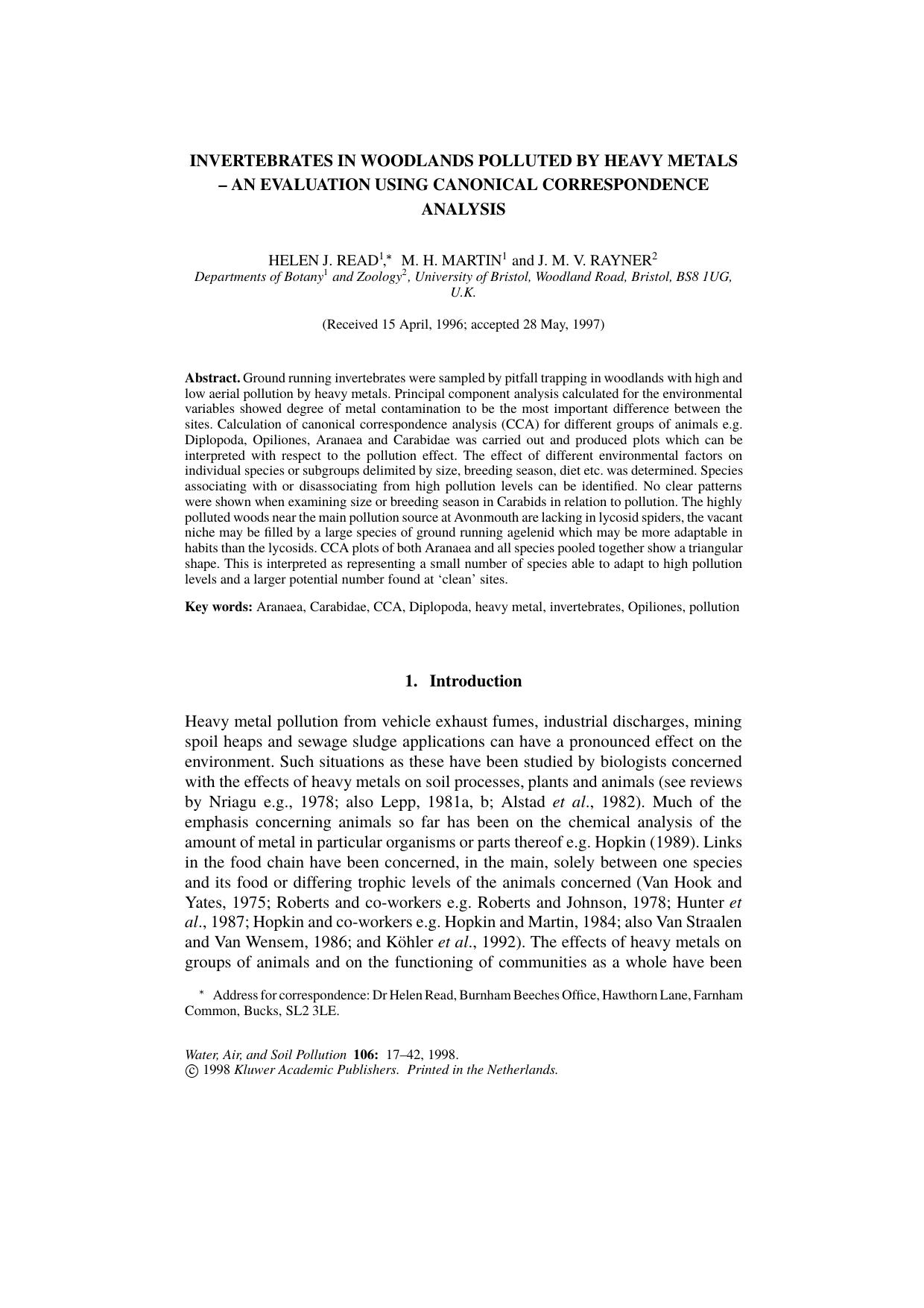 Invertebrates in Woodlands Polluted by Heavy Metals &#x2013; &#x2013; An Evaluation Using Canonical Correspondence Analysis by Unknown