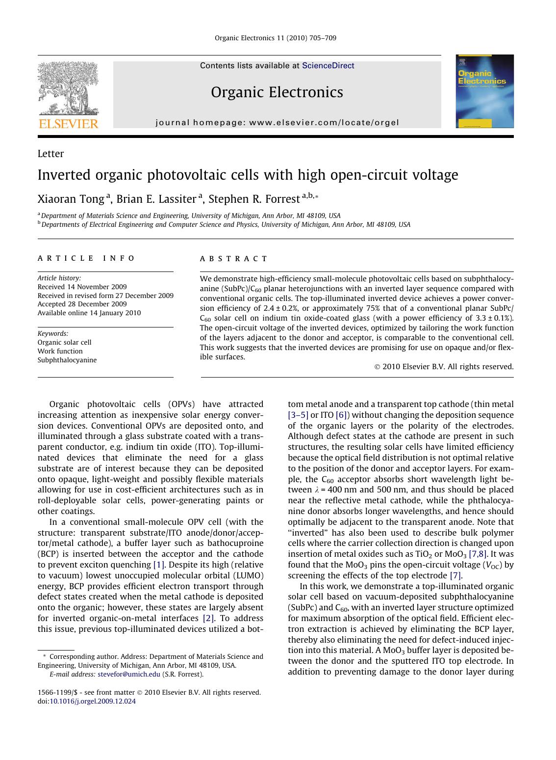 Inverted organic photovoltaic cells with high open-circuit voltage by Xiaoran Tong; Brian E. Lassiter; Stephen R. Forrest