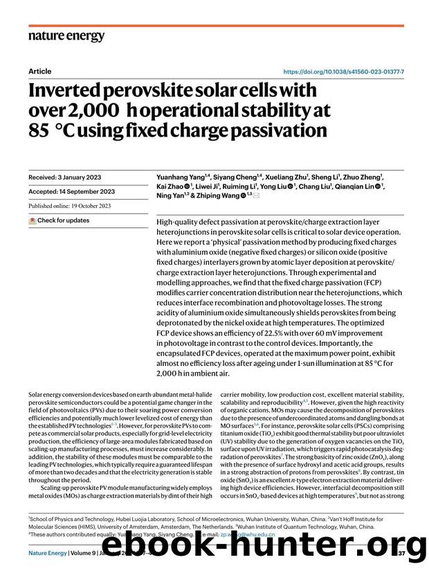 Inverted perovskite solar cells with over 2,000âh operational stability at 85âÂ°C using fixed charge passivation by unknow