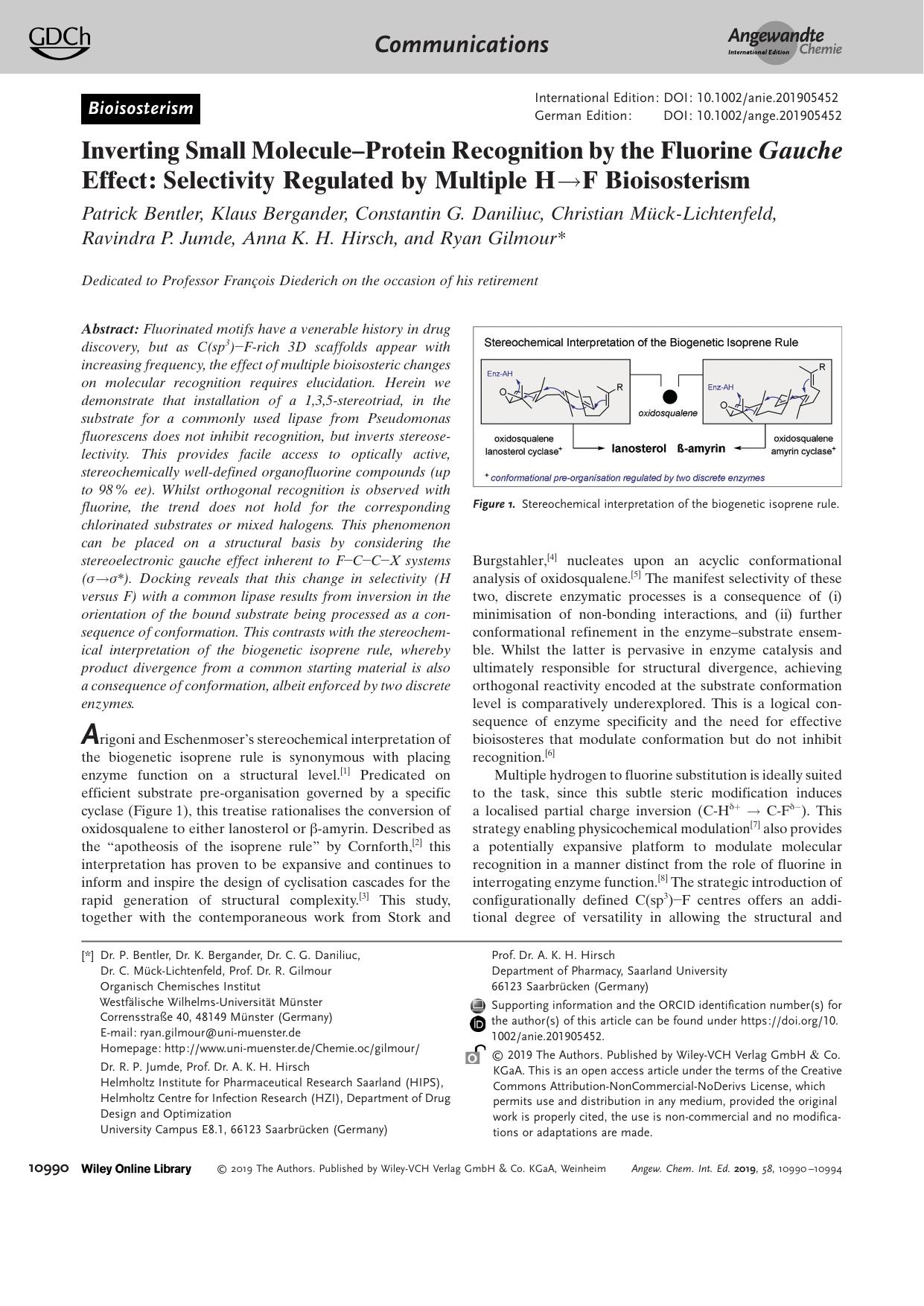 Inverting Small MoleculeâProtein Recognition by the Fluorine Gauche Effect: Selectivity Regulated by Multiple HâF Bioisosterism by Unknown
