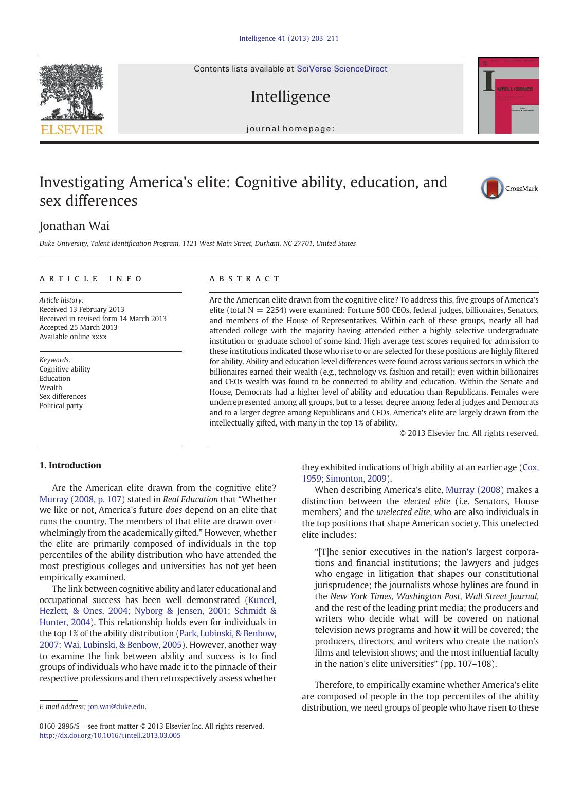 Investigating America's elite: Cognitive ability, education, and sex differences by Jonathan Wai