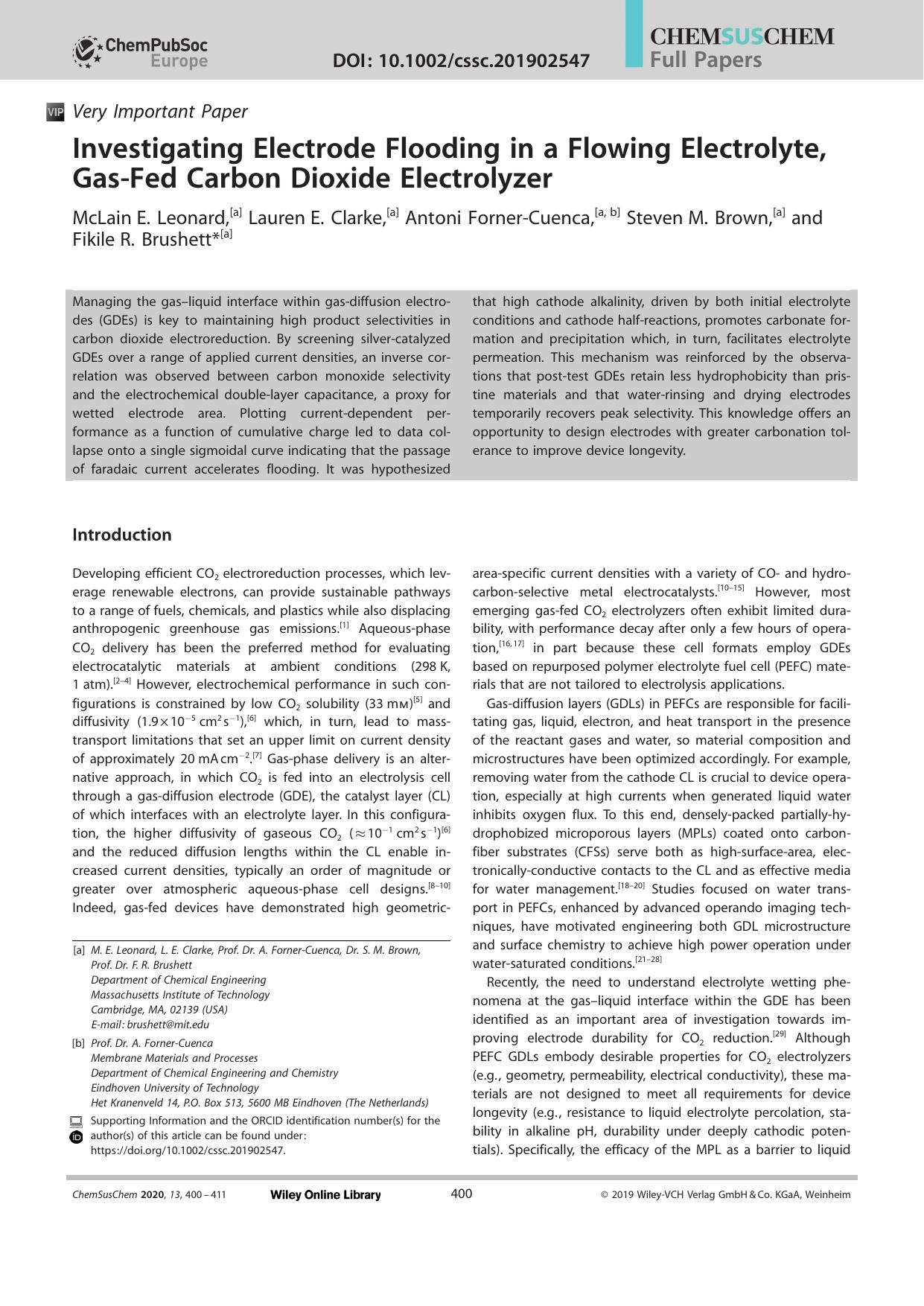 Investigating Electrode Flooding in a Flowing Electrolyte, GasâFed Carbon Dioxide Electrolyzer by Unknown