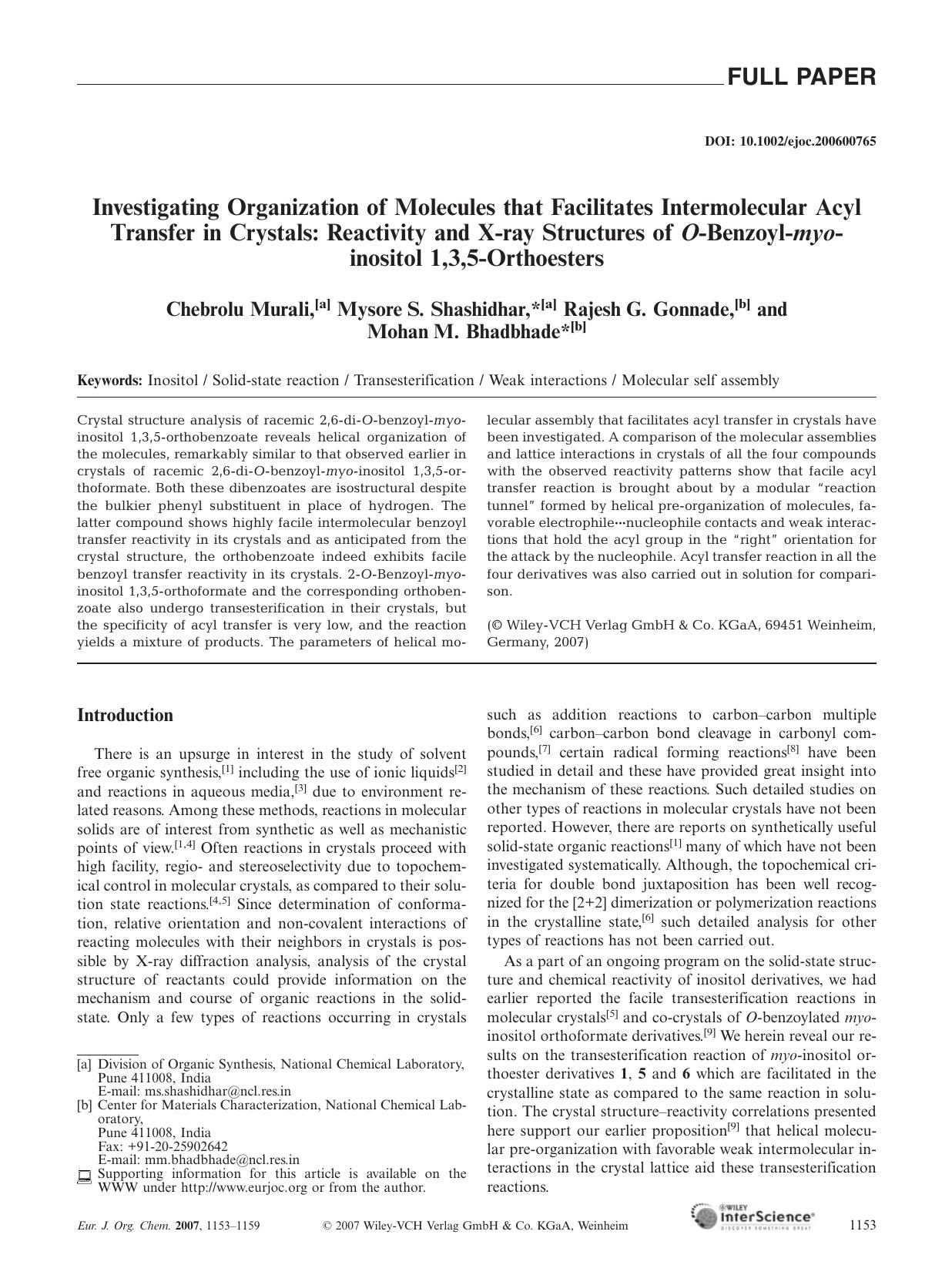 Investigating Organization of Molecules that Facilitates Intermolecular Acyl Transfer in Crystals: Reactivity and X-ray Structures of O-Benzoyl-myo-inositol 1,3,5-Orthoesters by Unknown