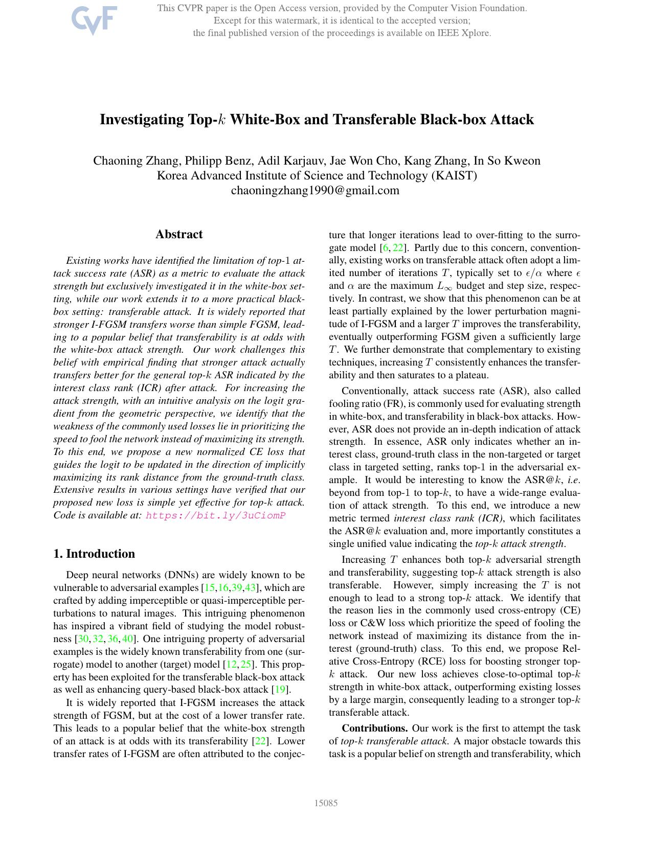Investigating Top-k White-Box and Transferable Black-Box Attack by Chaoning Zhang & Philipp Benz & Adil Karjauv & Jae Won Cho & Kang Zhang & In So Kweon