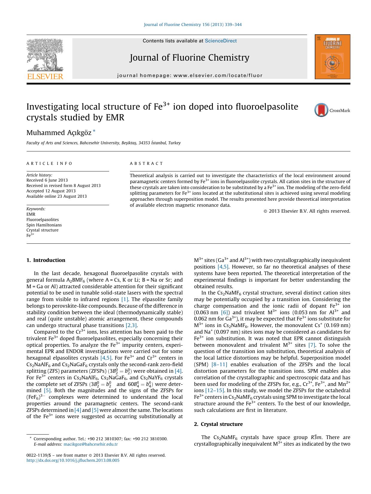 Investigating local structure of Fe3+ ion doped into fluoroelpasolite crystals studied by EMR by Muhammed Açıkgöz