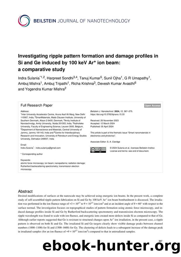 Investigating ripple pattern formation and damage profiles in Si and Ge induced by 100 keV Ar+ ion beam: a comparative study by unknow